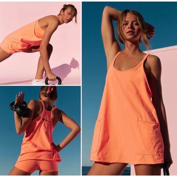 Free People Movement Bright Orange Hot Shot Mini Dress Romper Size Large - Picture 1 of 12